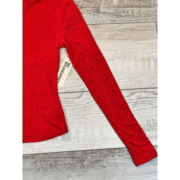 No Boundaries Rhinestone Studded Mesh Top with Long-Sleeves Red NWT Size XXS - Picture 5 of 12